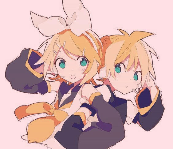 A drawing of Rin and Len Kagamine. They are looking at each other and facing forward. They are holding their headsets and have their other arms linked. The artist is unknown.